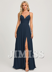 A-line V-neck pleated floor-length chiffon prom dress