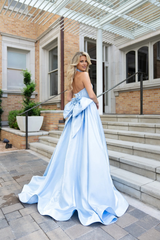 A-line off shoulder sleeveless satin and floor length evening gown (dress only)