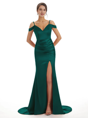 Sexy off shoulder soft satin side slit long fish tail bridesmaid dress
