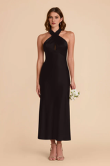 Rear tie neck matte satin and ankle length bridesmaid dress