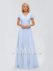 A-line V-neck chiffon side slit and floor length bridesmaid dress
