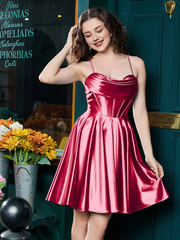 Thin shoulder strap tied with  satin mini Homecoming dress