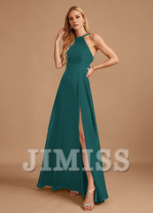 A-line high neck floor length chiffon bridesmaid dress