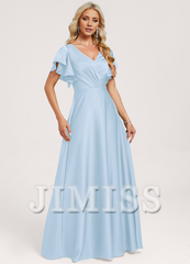 Ruffled A-line V-neck Floor-length Satin Bridesmaids Dress