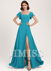 Ruffled A-Line Square Floor-Length Chiffon Bridesmaids Dress