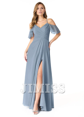 A-line V-neck pleated chiffon side slit and floor length bridesmaid dress - Jimiss Dress