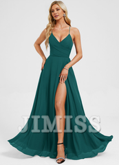 A-line V-neck pleated floor-length chiffon prom dress