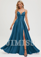A-line V-neck pleated floor-length satin prom dress
