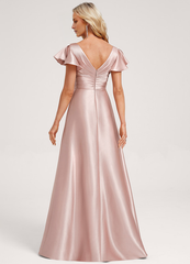 Ruffled A-line V-neck Floor-length Satin Bridesmaids Dress