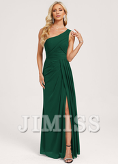 Ruffled A-line One Shoulder Floor Length Mesh Bridesmaid Dress