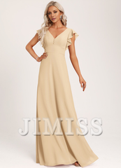 Ruffled A-line V-neck Floor-length Chiffon Bridesmaids Dress
