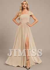 A-line off-the-shoulder one-shoulder floor-length chiffon pleated evening gown