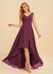 A-Line V-Neck Asymmetric Ruffle Chiffon Bridesmaids Dress