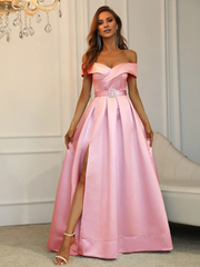 Off shoulder buckle strap satin and floor length formal dress