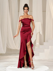 Off shoulder asymmetrical ruffle hem and floor length formal dress