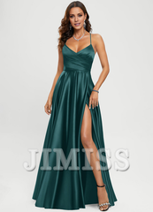 A-line V-neck floor-length satin prom dress