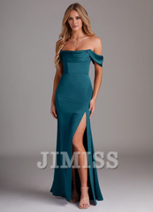 Off Shoulder Side Split Satin and Floor length Bridesmaid Dress - Jimiss Dress