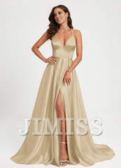 A-line V-neck floor-sweeping satin prom dress