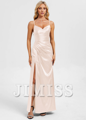 Bodycon straight V-neck floor-length pleated satin prom dress