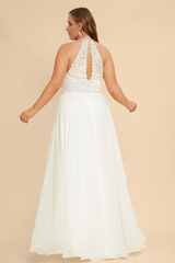 A-line high neck and sleeveless lace chiffon wedding dress