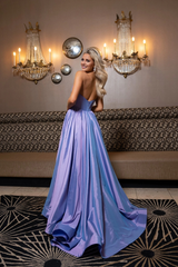 A-line V-neck off shoulder side slit and floor length evening gown