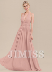 Ruffled A-Line Halter Neck Floor Length Chiffon Bridesmaids Dress