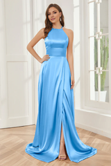 Column neck hanging soft satin and floor length bridesmaid dress