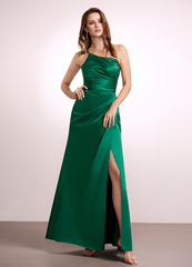A-line one-shoulder floor-length satin bridesmaid dress