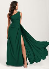 Ruffled A-line One Shoulder Floor Length Chiffon Bridesmaid Dress