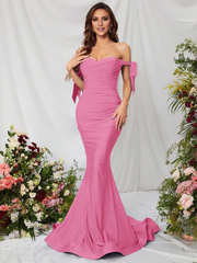 Mermaid off shoulder knot side fold front and floor length formal dresses