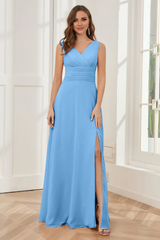 V-neck sleeveless chiffon side slit and floor length bridesmaid dress