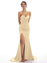 Sexy shoulder soft satin side slit fish tail long bridesmaid dress