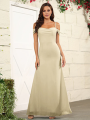 Split off shoulder thin shoulder strap chiffon and floor length bridesmaid dress