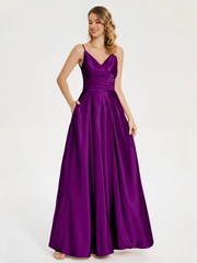 V-neck soft satin side slit bridesmaid dress