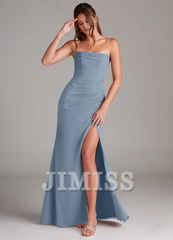 Strapless off shoulder side slit backless and floor length bridesmaid dress - Jimiss Dress