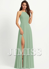 A-line low round neck floor down chiffon bridesmaid dress