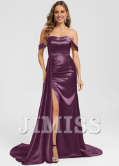 Trumpet fishtail off-shoulder swept train satin prom dress