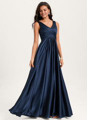 Ruffled A-line V-neck Floor-length Satin Bridesmaids Dress