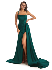 Sexy and soft satin side slit thin shoulder strap long fish tail bridesmaid dress