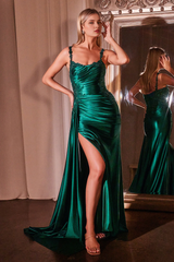 Embroidered lace applique long sleeveless satin dress