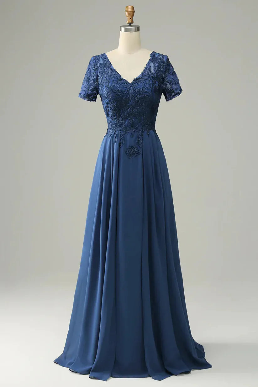 A-Line Applique Short Sleeve Mother of the Bride Dress