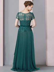 A-Line Mother of the Bride Dress Formal Party Sparkle Shine Elegant V Neck Floor Length Chiffon Sequined Short Sleeve with Pleats Sequin