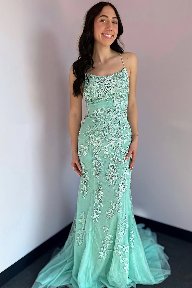 Meramid Scoop Neck Mint Lace Prom Dresses