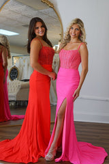 Charming Mermaid Straps Pink Elasitc Satin Slit Prom Dresses