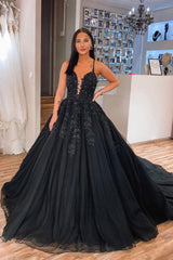 Black V-Neck Lace Long Ball Gown, A-Line Evening Party Dress