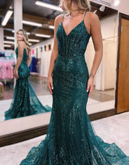 Mermaid Spaghetti Straps Prom Dress With Appliques V-neck Sparkly 