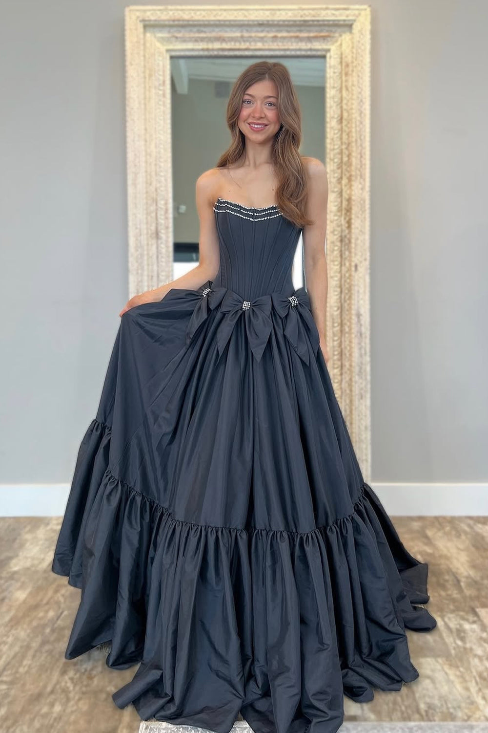 Ball Gown Strapless Black Long Satin Prom Dresses