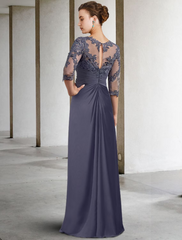 Mother of the Bride Dress Elegant  Floor Length Chiffon Lace Sleeve with Ruched Appliques