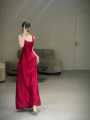 A line Straps Red Satin Long Floor Length formal dresses Bridesmaid Dresses evening gown Prom Dress