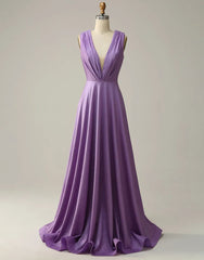 A-Line V-Neck Long Glitter Prom Dress With Pleating Pure Color